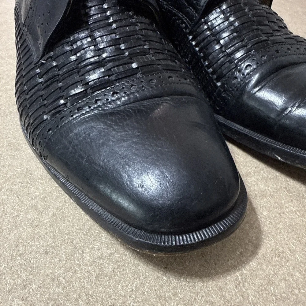 Vtg Mens 8.5 Dress Shoes Black‎ Woven Leather Cap Toe Lace Up Old Money Preppy